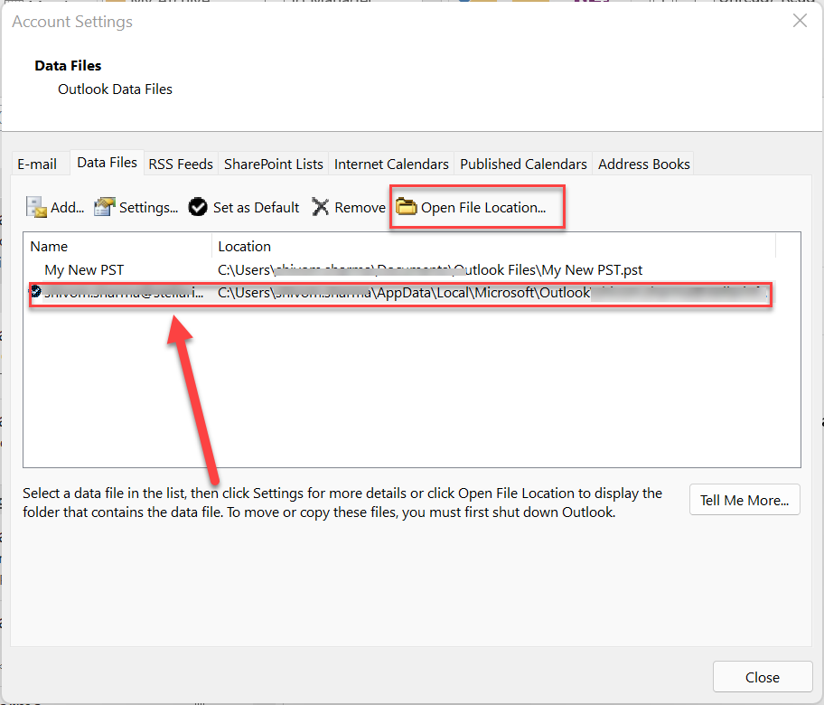 Under the Data Files tab, select the OST file linked to your account and double-click the Open File Location option. This will open the folder where the OST file is stored.